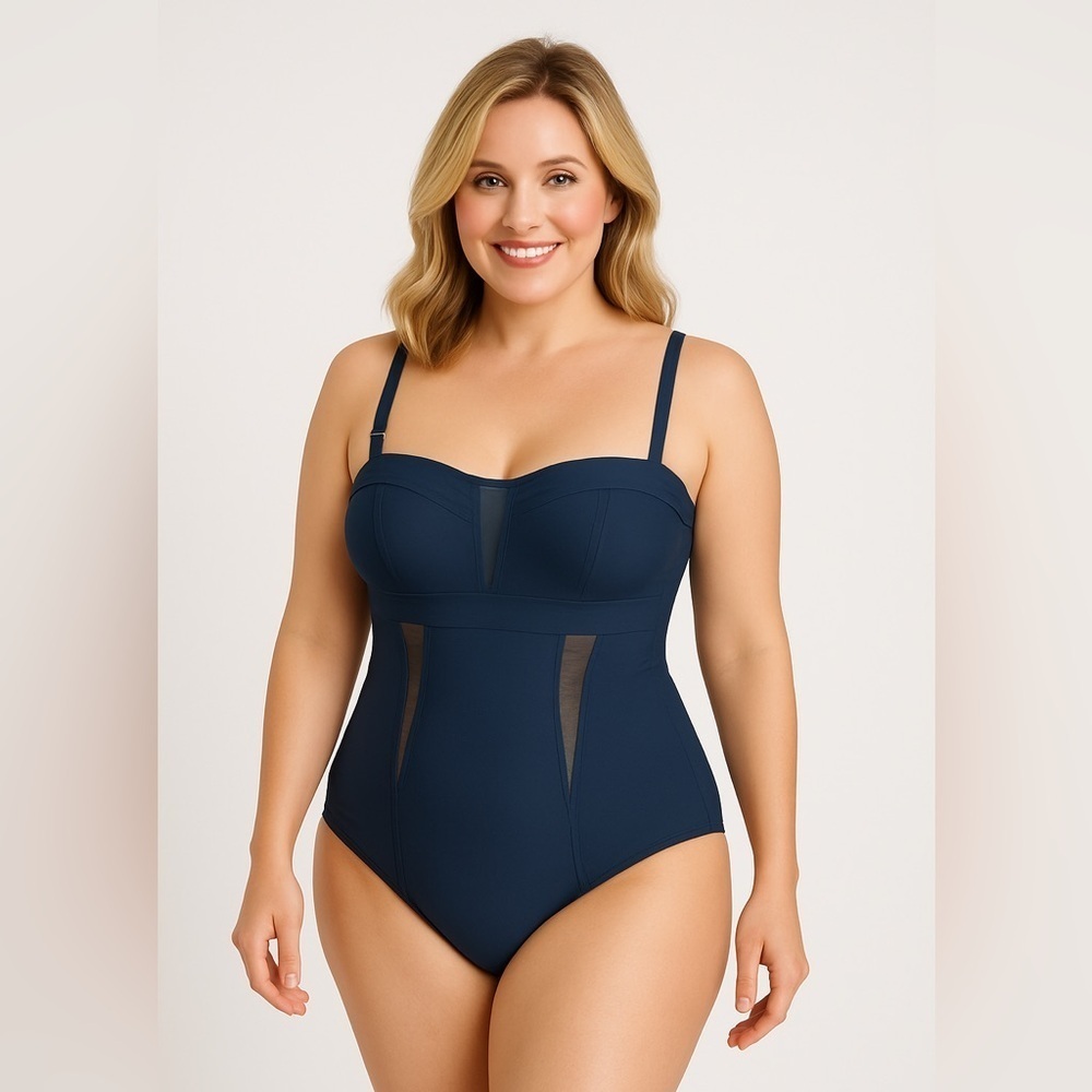 Shan black one piece halter swim suit size 12 nude mesh panels slimming Canada